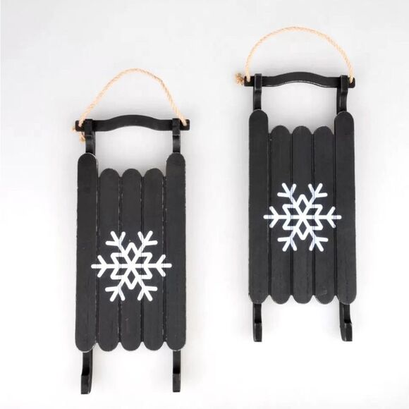 Decorative Christmas Holiday Winter Wooden Snowflake Sleds Decor Set of 2 New! - Picture 1 of 4